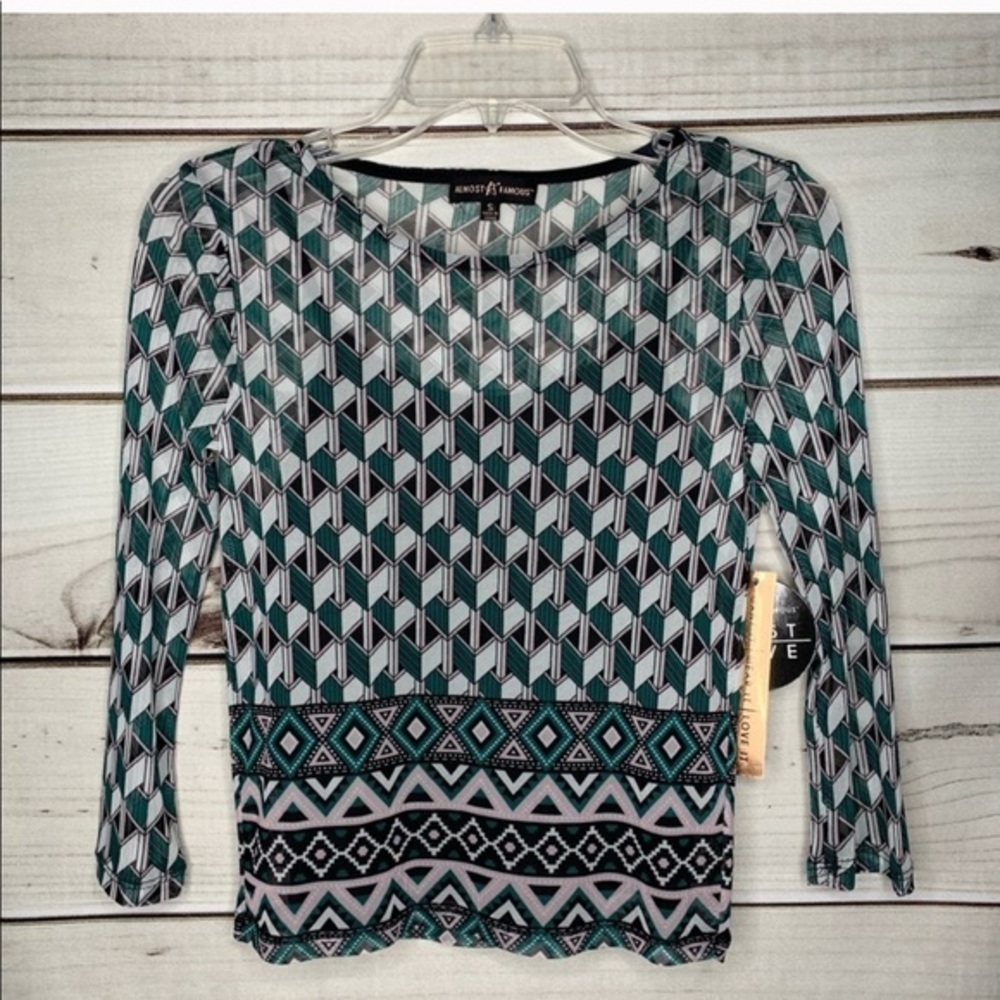 Geometric Print Green & Black Mesh Fitted Top S - Picture 8 of 15